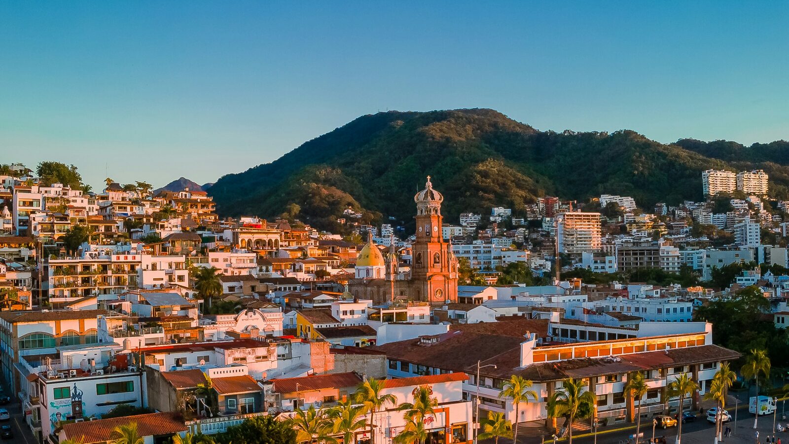Downtown Puerto Vallarta and Our Lady of Guadalupe Church in the golden light