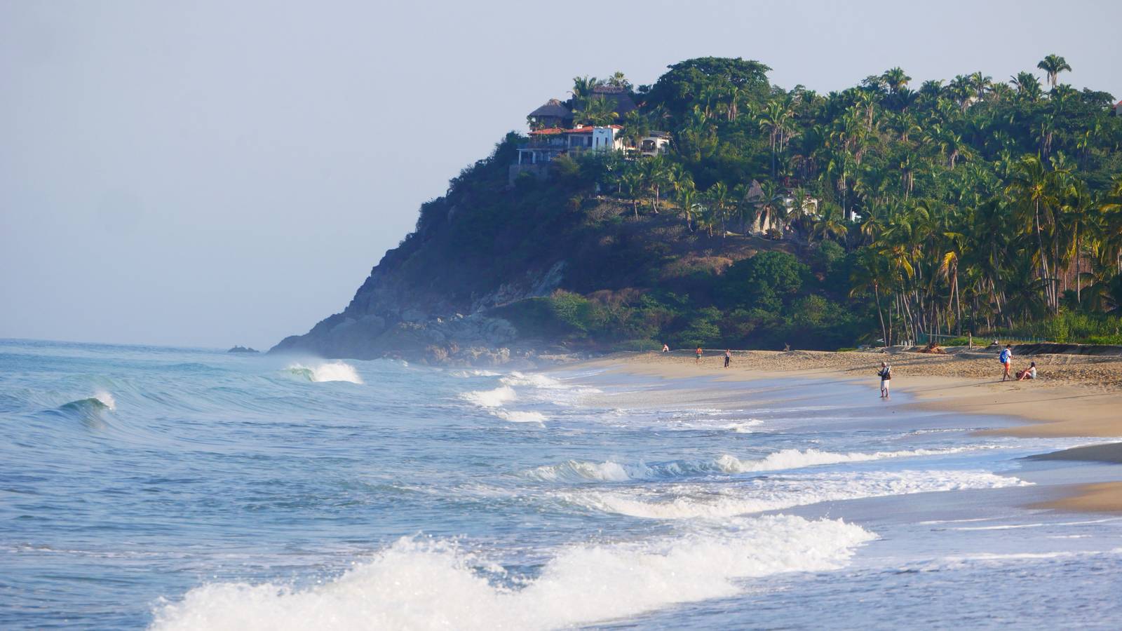 Waves breaking on San Pancho beach below a wooded headland
